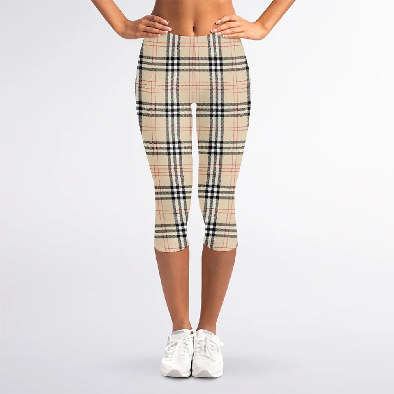 Beige Tartan Pattern Print Women's Capri Leggings