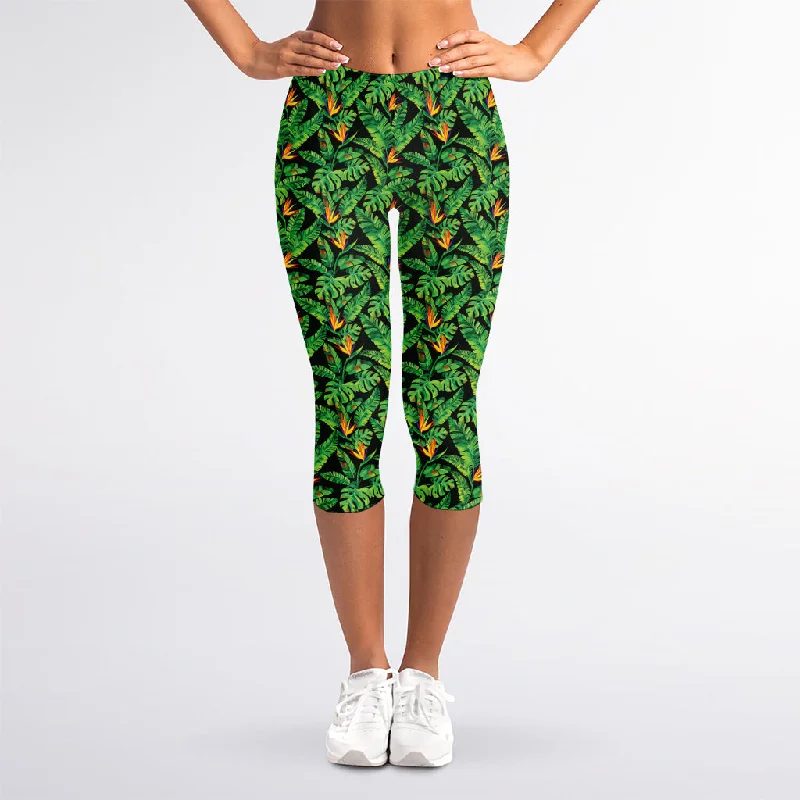 Bird Of Paradise And Palm Leaves Print Women's Capri Leggings