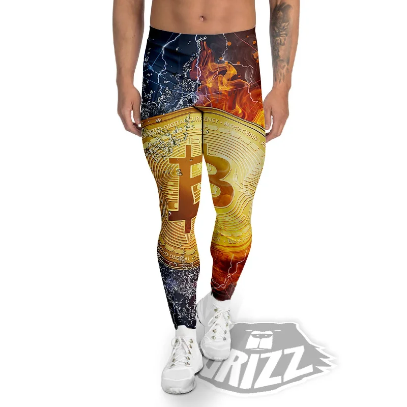 Bitcoin Water And Fire Print Men's Leggings