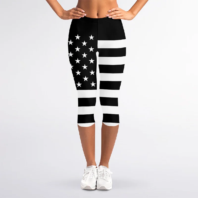 Black American Flag Print Women's Capri Leggings