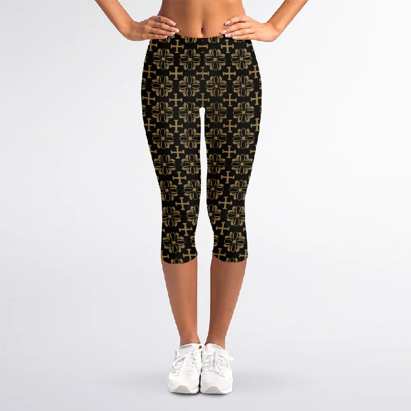 Black And Beige Orthodox Pattern Print Women's Capri Leggings