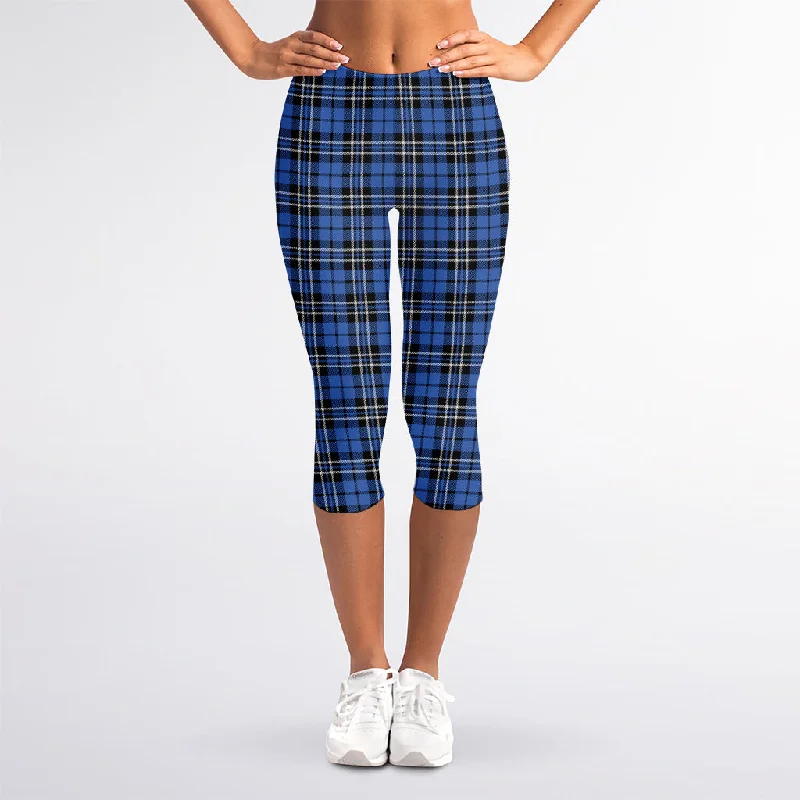 Black And Blue Tartan Pattern Print Women's Capri Leggings