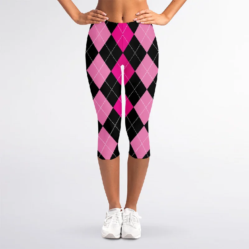 Black And Deep Pink Argyle Pattern Print Women's Capri Leggings