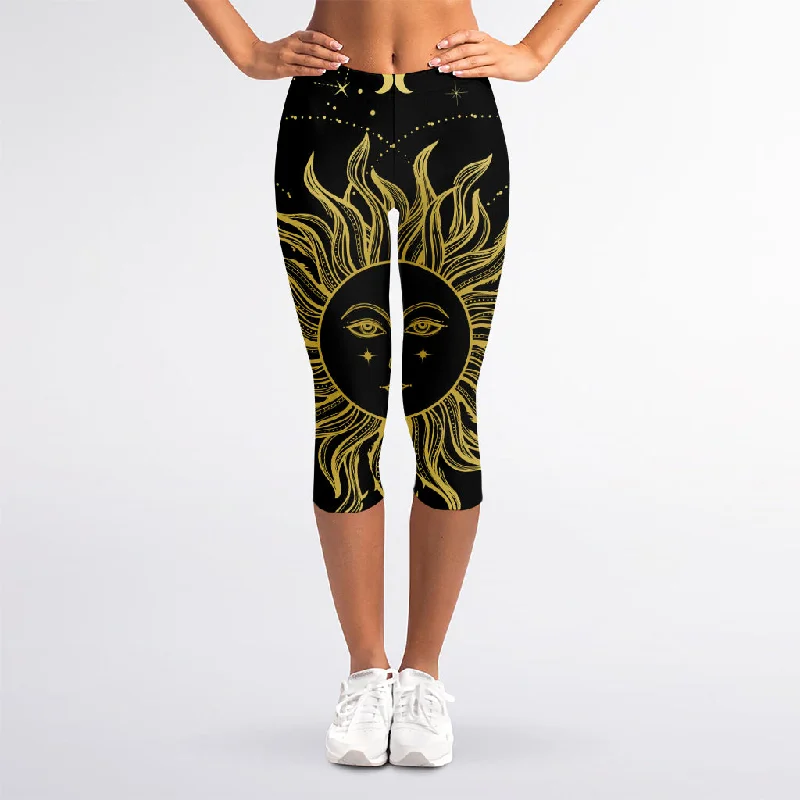 Black And Gold Celestial Sun Print Women's Capri Leggings