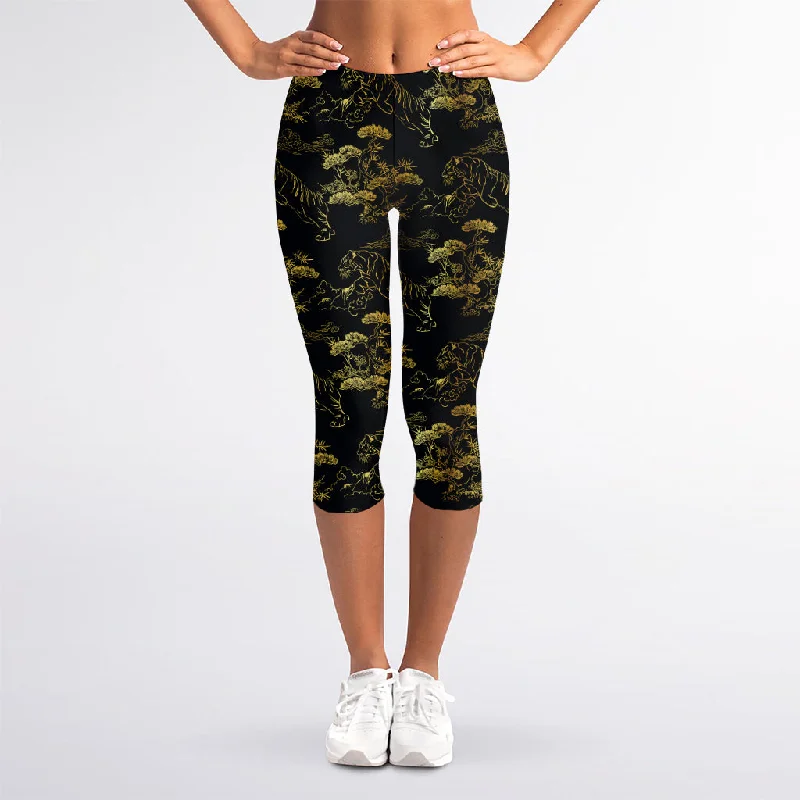 Black And Gold Japanese Tiger Print Women's Capri Leggings