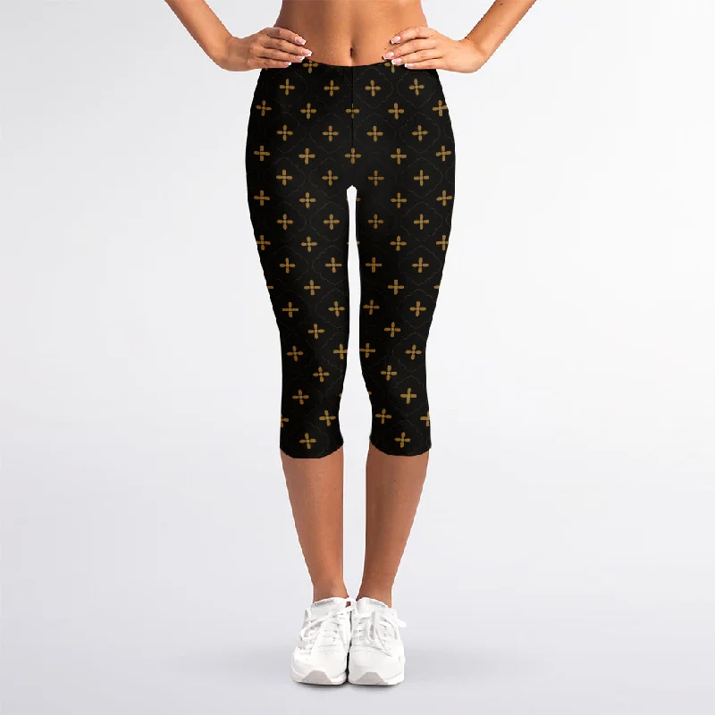 Black And Gold Orthodox Pattern Print Women's Capri Leggings