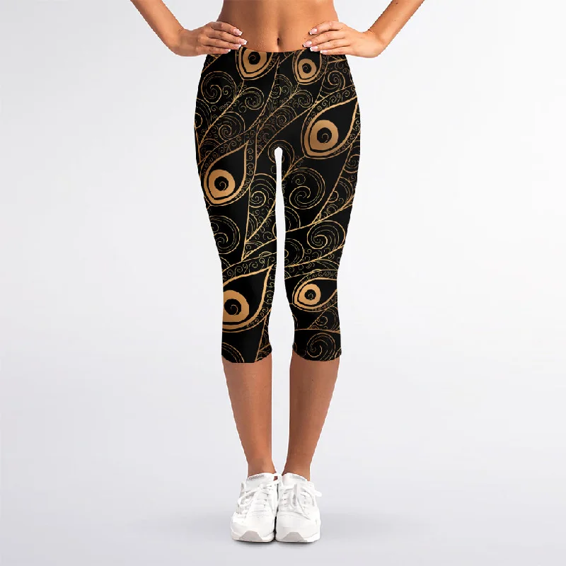 Black And Gold Peacock Feather Print Women's Capri Leggings