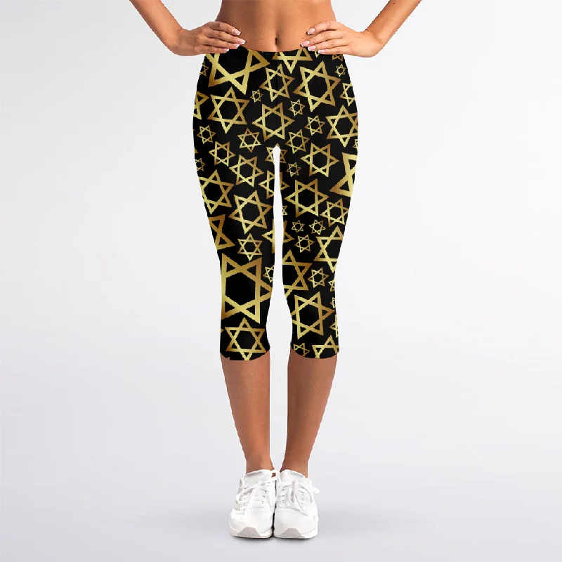 Black And Gold Star of David Print Women's Capri Leggings