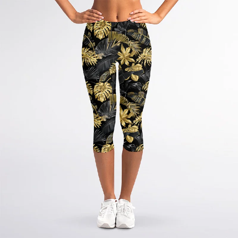 Black And Gold Tropical Pattern Print Women's Capri Leggings