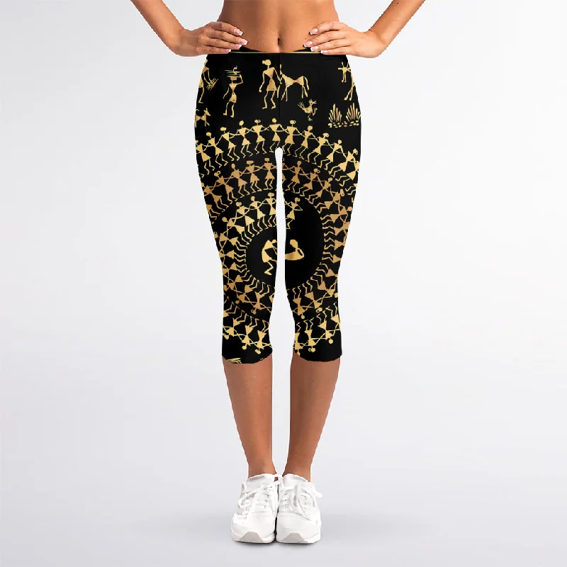 Black And Gold Warli Tribal Print Women's Capri Leggings