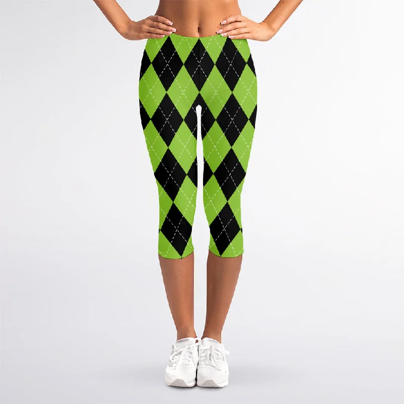 Black And Green Argyle Pattern Print Women's Capri Leggings