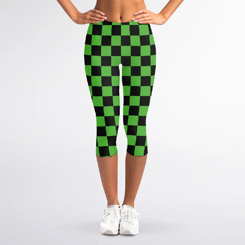 Black And Green Checkered Print Women's Capri Leggings