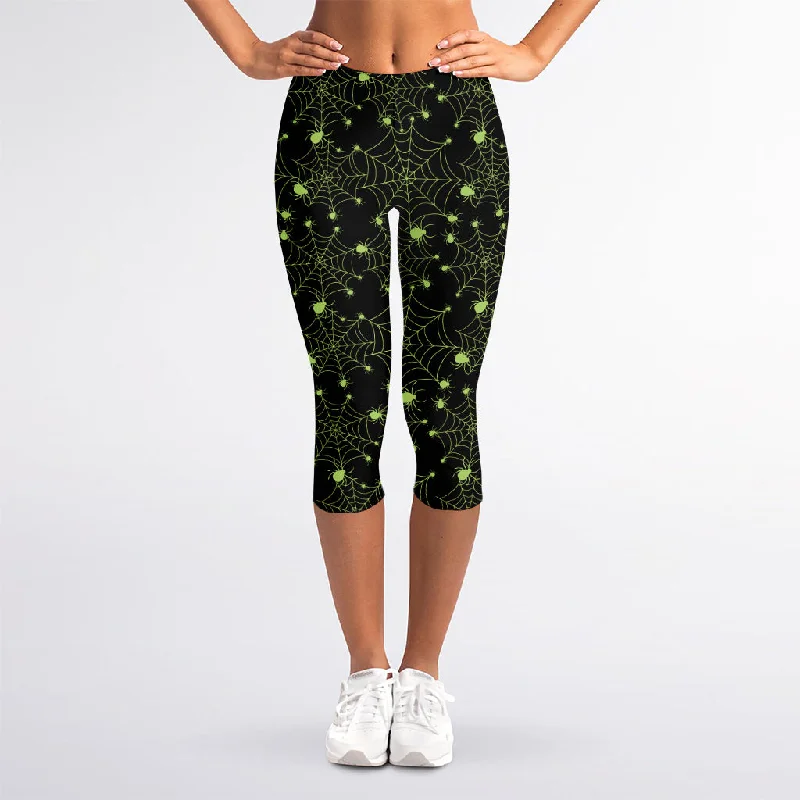 Black And Green Spider Web Pattern Print Women's Capri Leggings