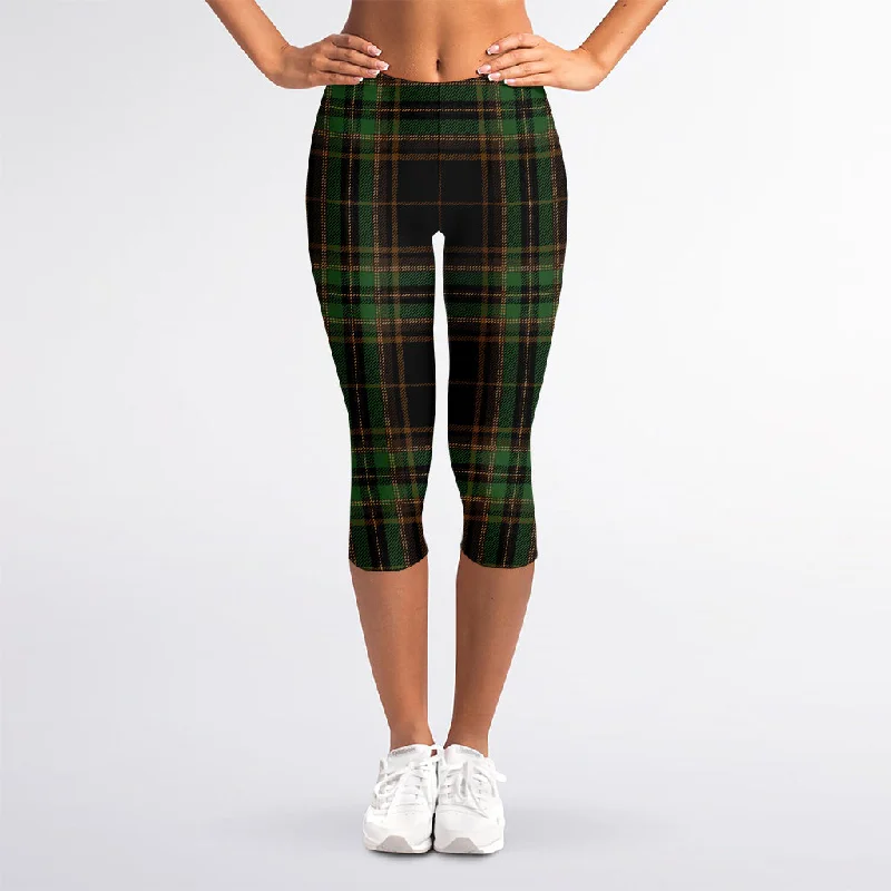 Black And Green Stewart Tartan Print Women's Capri Leggings