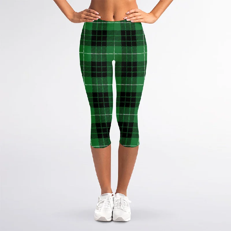 Black And Green Tartan Pattern Print Women's Capri Leggings