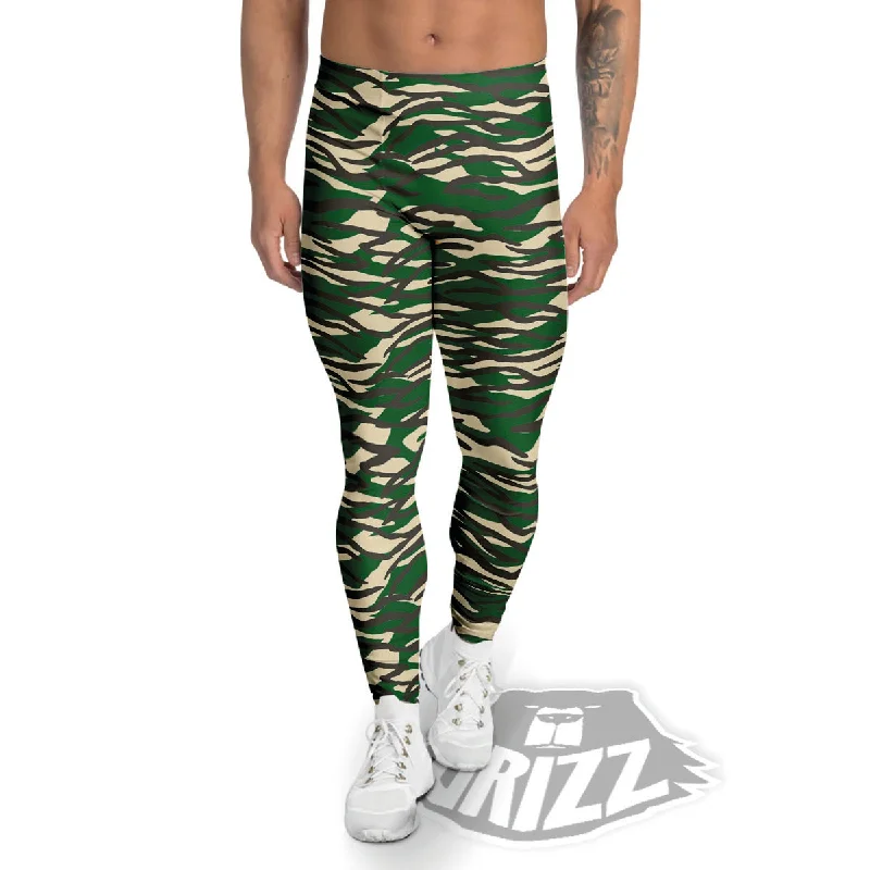 Black And Green Tiger Stripe Camo Print Men's Leggings