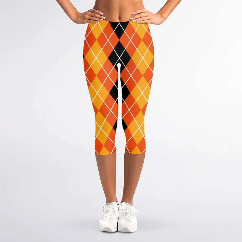 Black And Orange Argyle Pattern Print Women's Capri Leggings