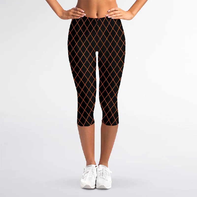 Black And Orange Harlequin Print Women's Capri Leggings