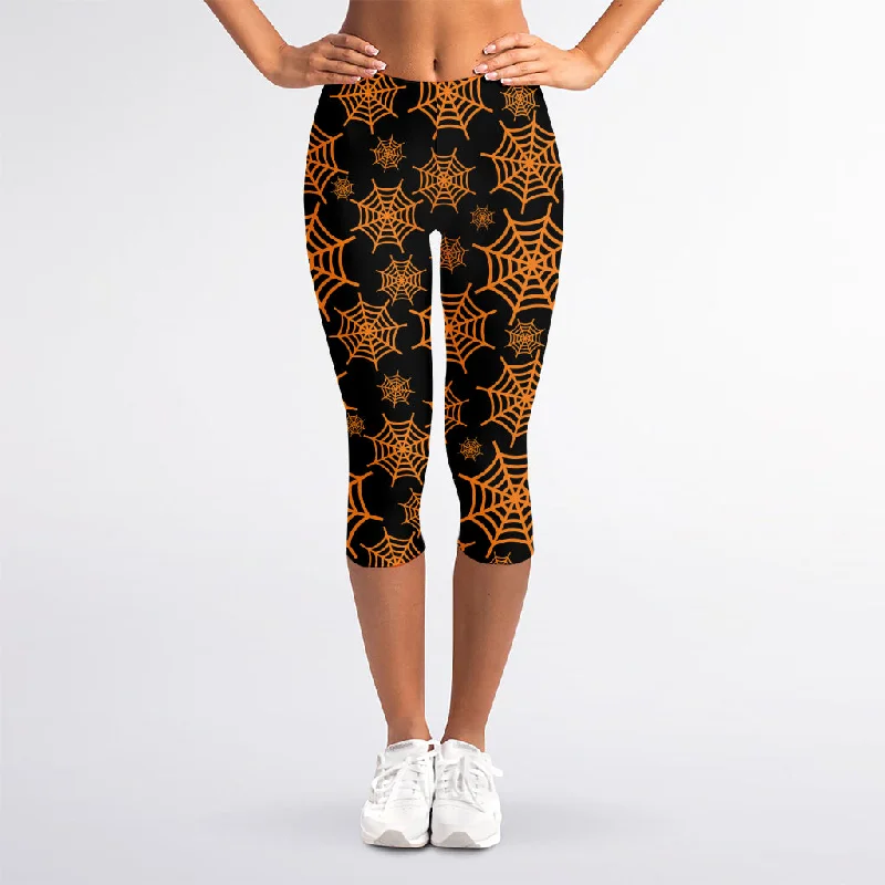 Black And Orange Spider Web Print Women's Capri Leggings