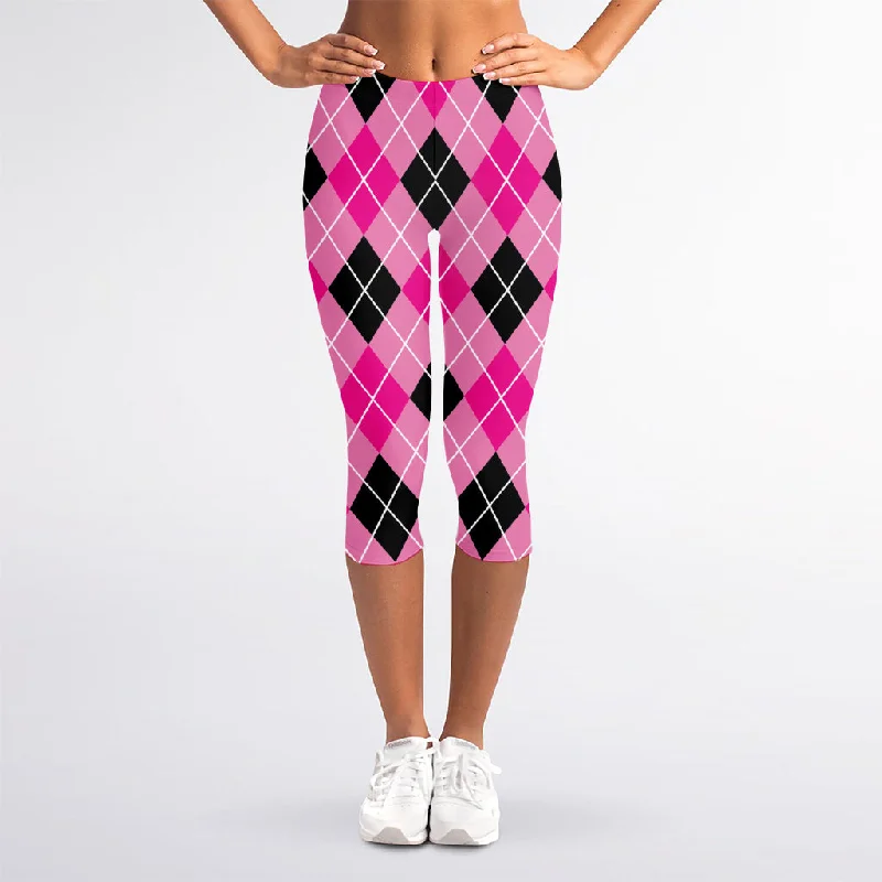 Black And Pink Argyle Pattern Print Women's Capri Leggings