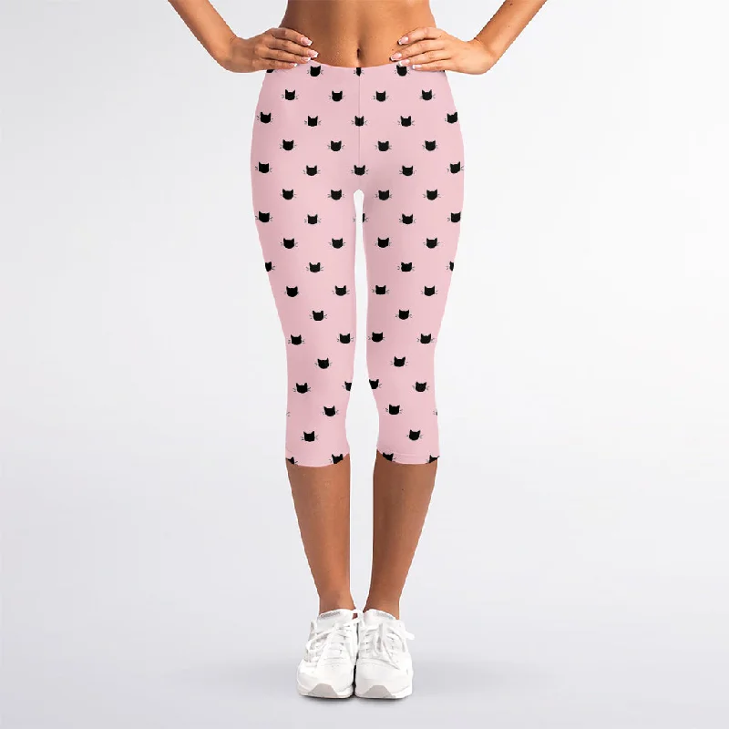 Black And Pink Cat Pattern Print Women's Capri Leggings