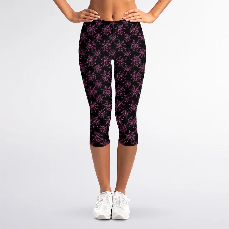 Black And Pink Spider Web Pattern Print Women's Capri Leggings