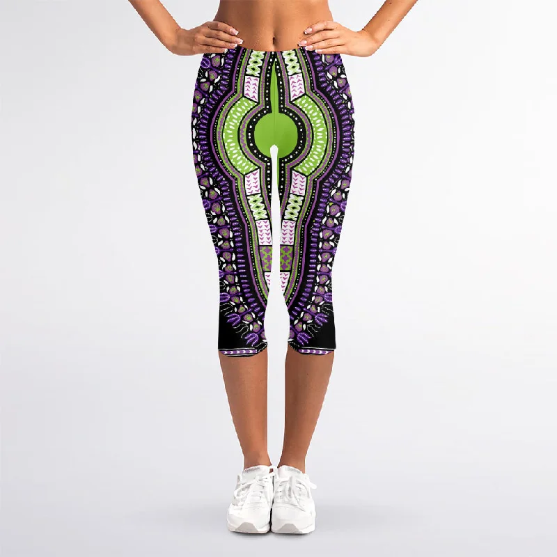 Black And Purple African Dashiki Print Women's Capri Leggings