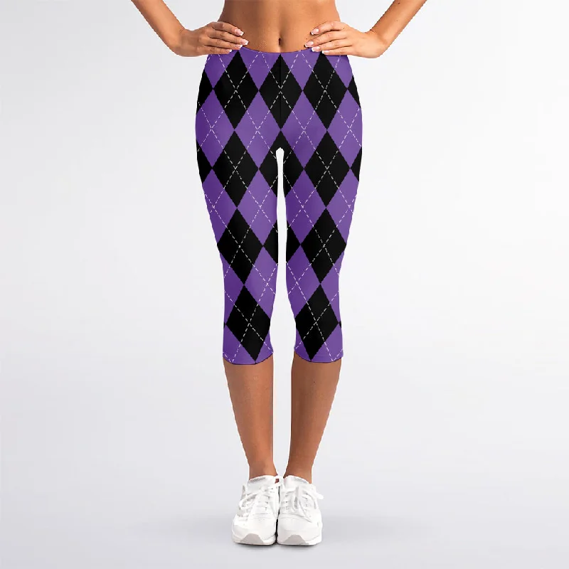 Black And Purple Argyle Pattern Print Women's Capri Leggings