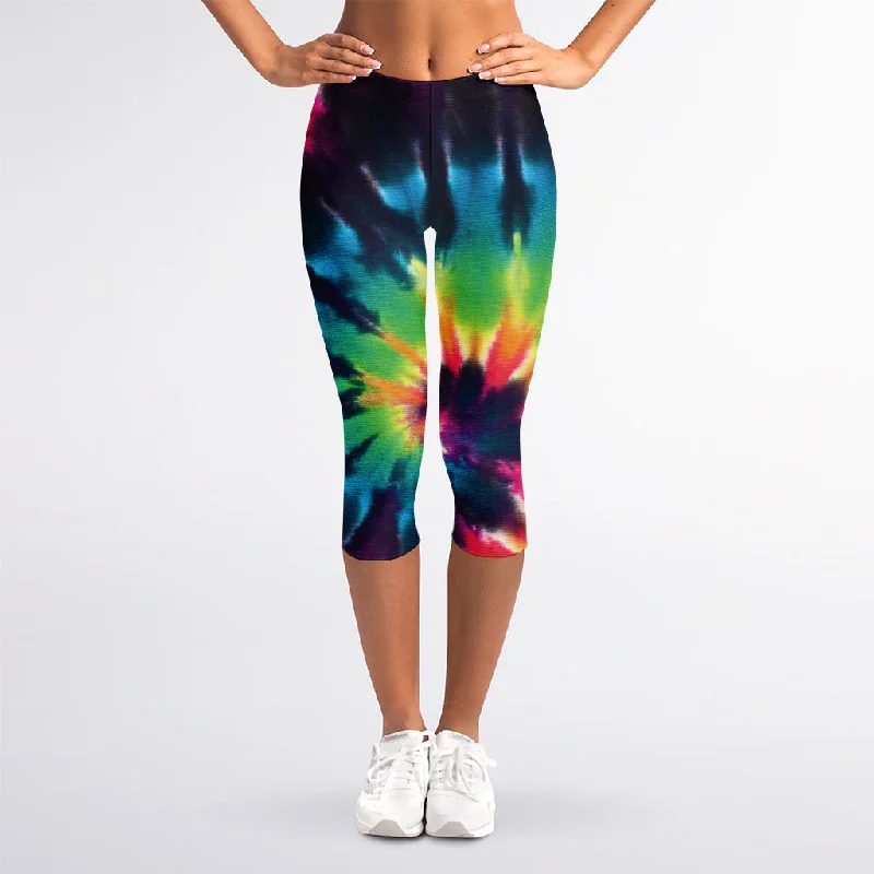 Black And Rainbow Tie Dye Print Women's Capri Leggings