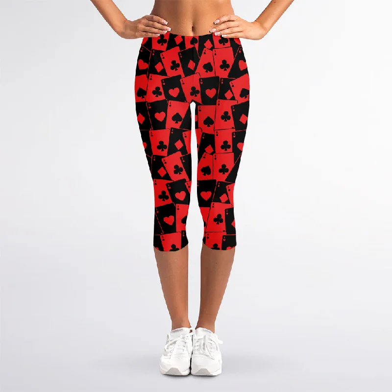 Black And Red Casino Card Pattern Print Women's Capri Leggings