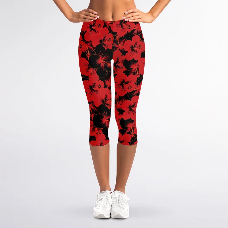 Black And Red Hibiscus Pattern Print Women's Capri Leggings