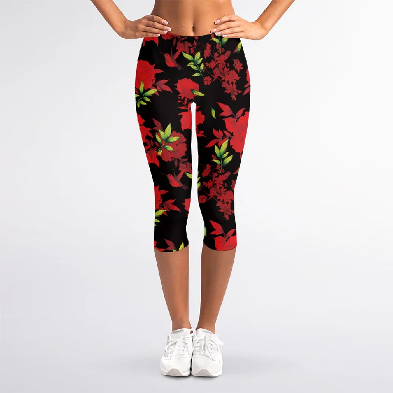 Black And Red Roses Floral Print Women's Capri Leggings