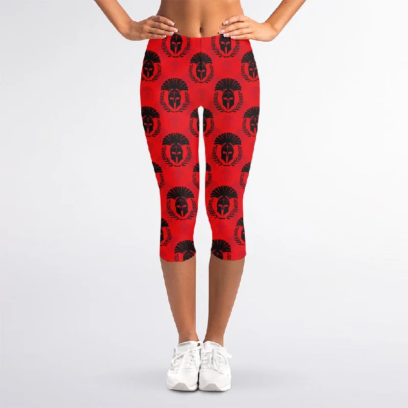 Black And Red Spartan Pattern Print Women's Capri Leggings