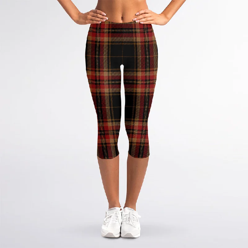 Black And Red Stewart Tartan Print Women's Capri Leggings