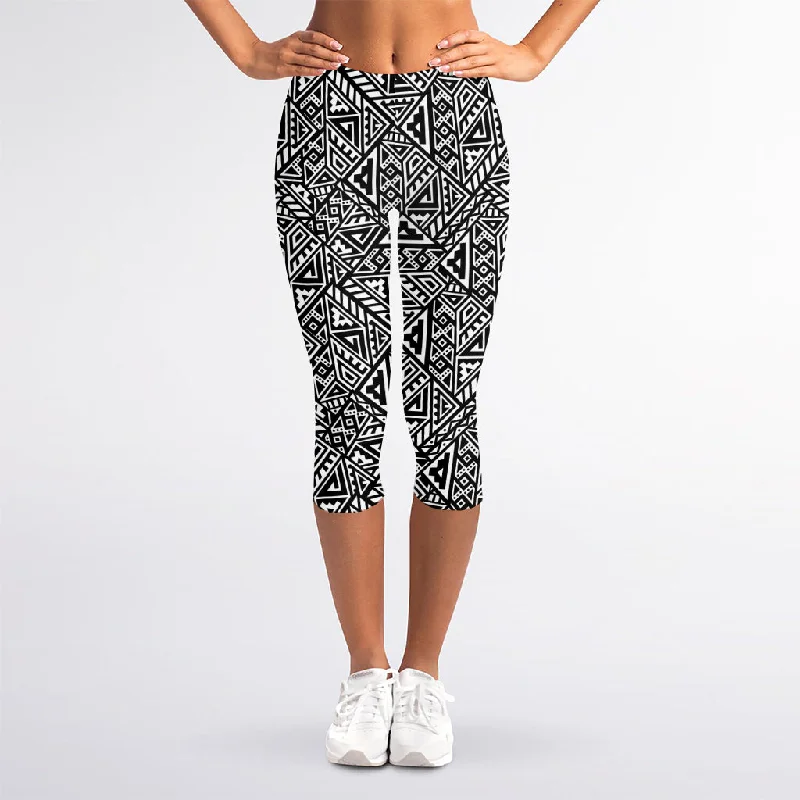 Black And White African Inspired Print Women's Capri Leggings