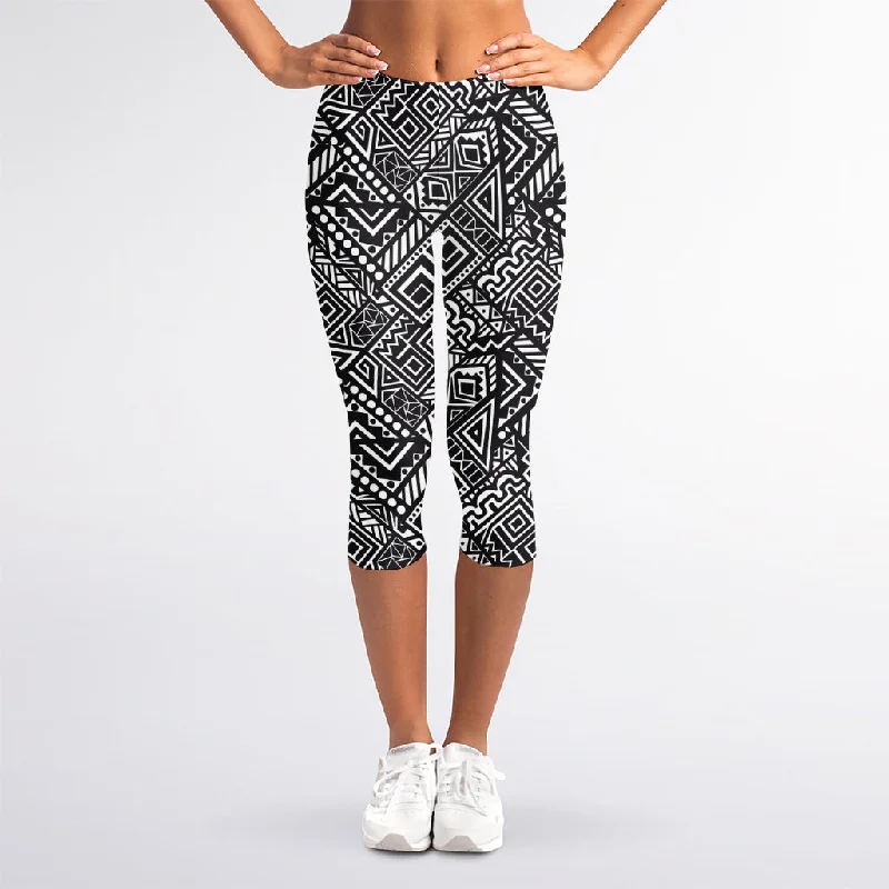 Black And White African Tribal Print Women's Capri Leggings