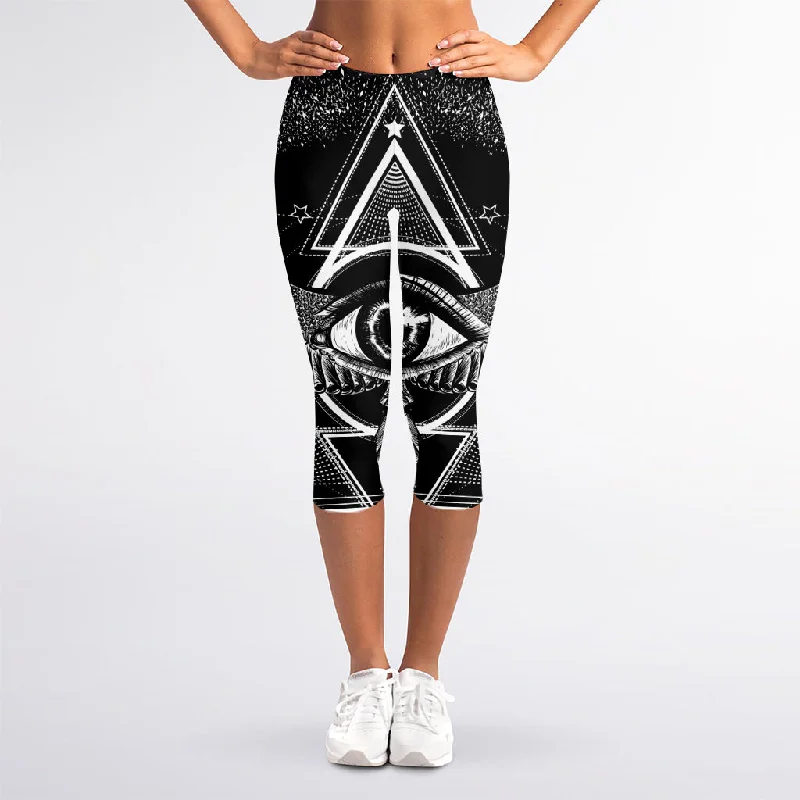 Black And White All Seeing Eye Print Women's Capri Leggings