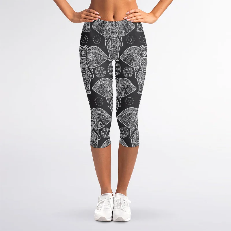 Black And White Boho Elephant Print Women's Capri Leggings