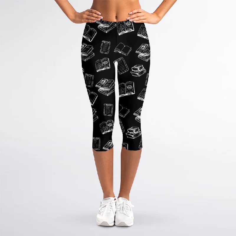 Black And White Books Pattern Print Women's Capri Leggings