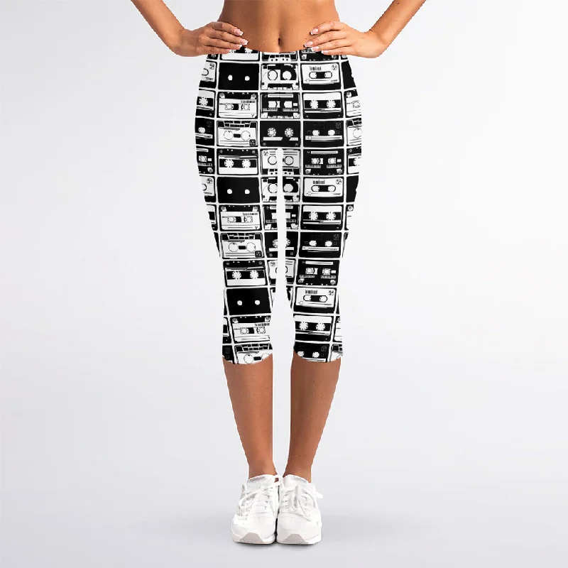 Black And White Cassette Tape Print Women's Capri Leggings