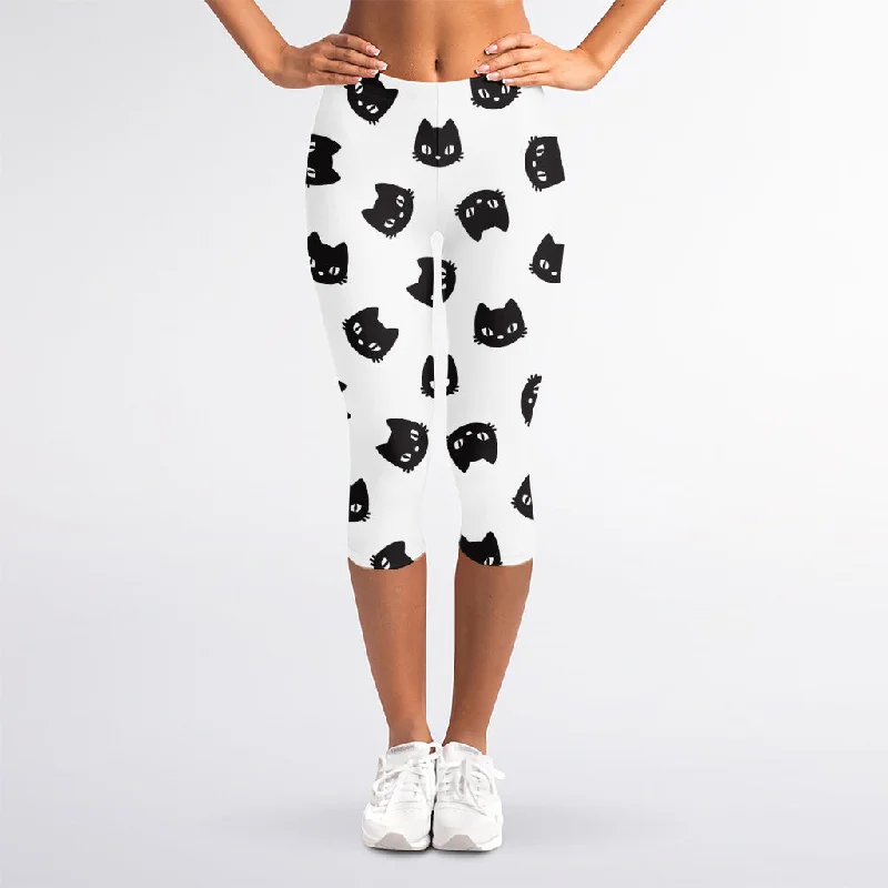 Black And White Cat Pattern Print Women's Capri Leggings