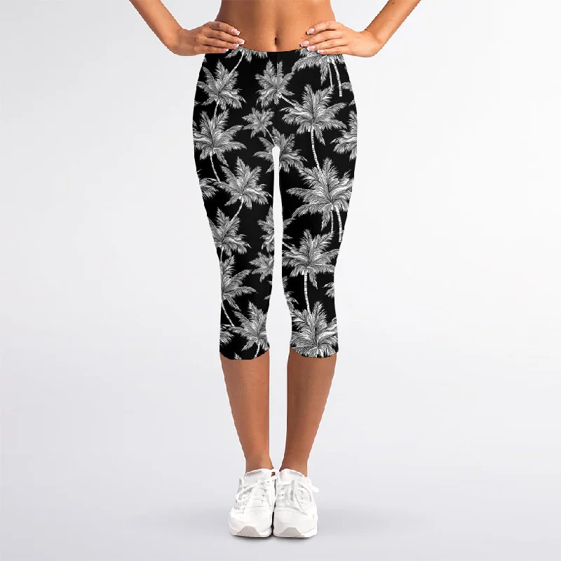 Black And White Coconut Tree Print Women's Capri Leggings