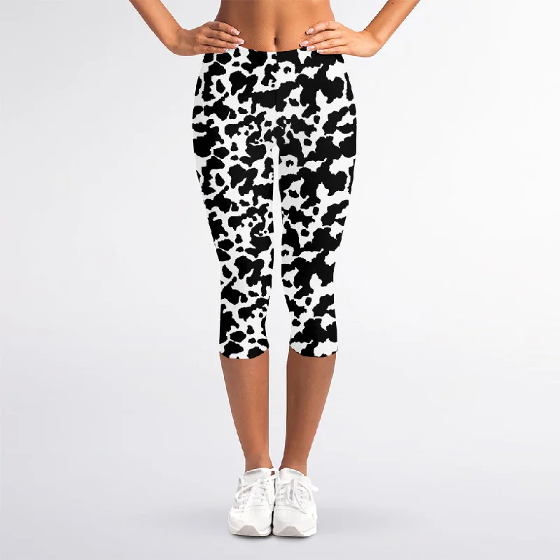 Black And White Cow Pattern Print Women's Capri Leggings