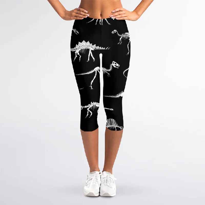 Black And White Dinosaur Fossil Print Women's Capri Leggings