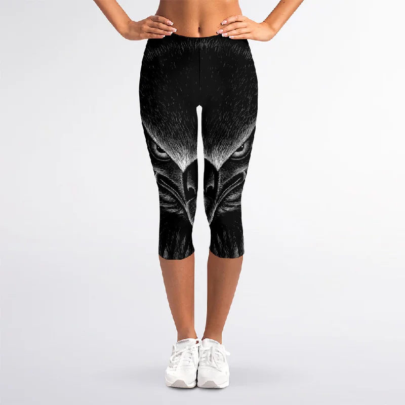 Black And White Eagle Print Women's Capri Leggings