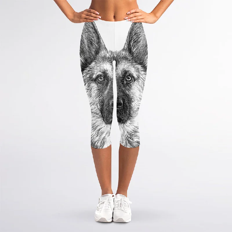 Black And White German Shepherd Print Women's Capri Leggings