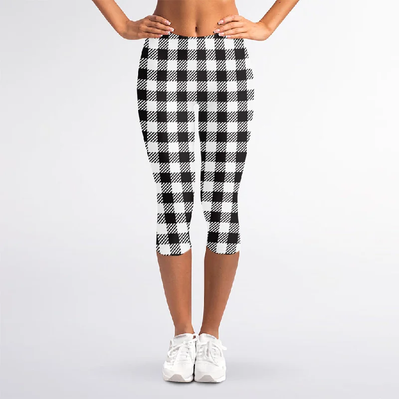 Black And White Gingham Pattern Print Women's Capri Leggings