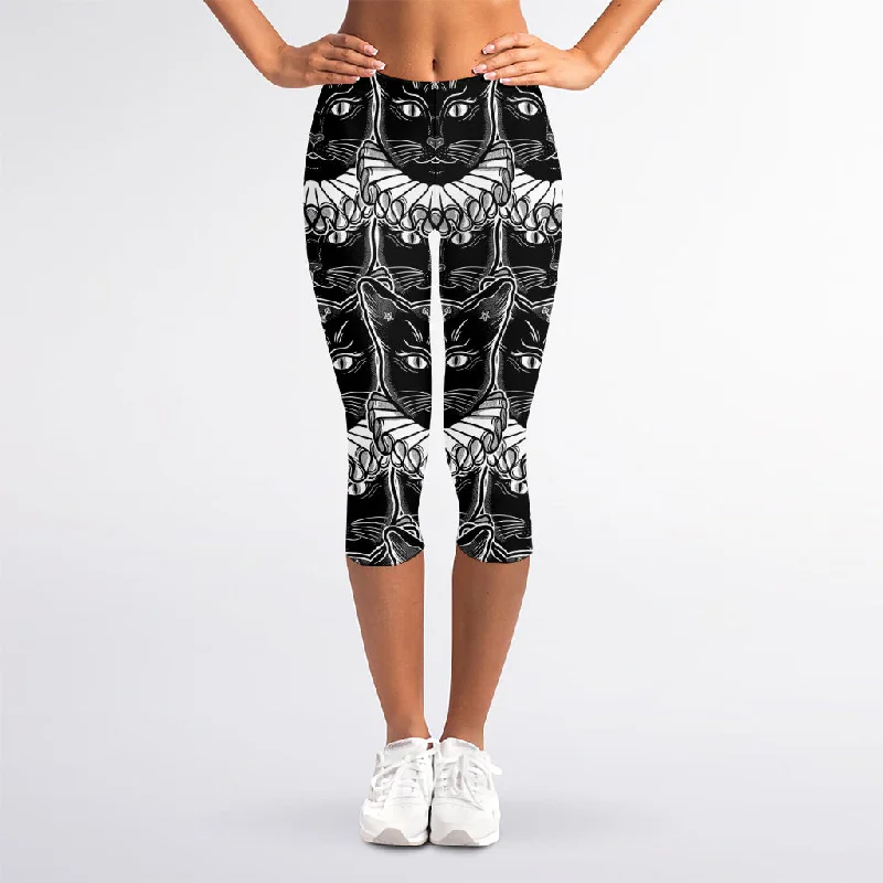 Black And White Gothic Wiccan Cat Print Women's Capri Leggings