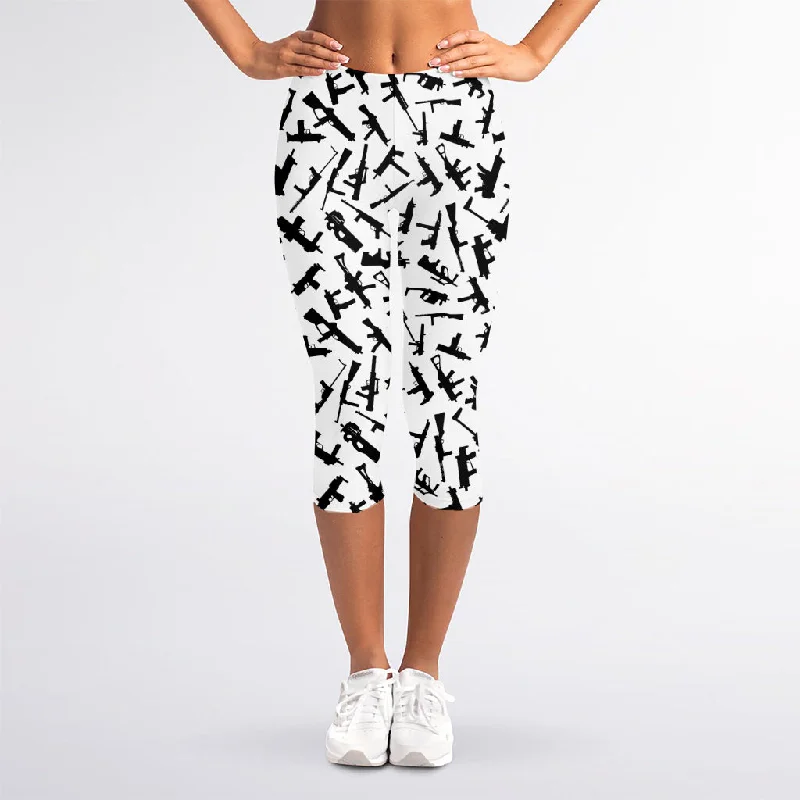 Black And White Guns Pattern Print Women's Capri Leggings