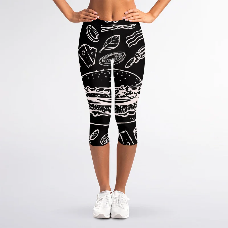 Black And White Hamburger Print Women's Capri Leggings